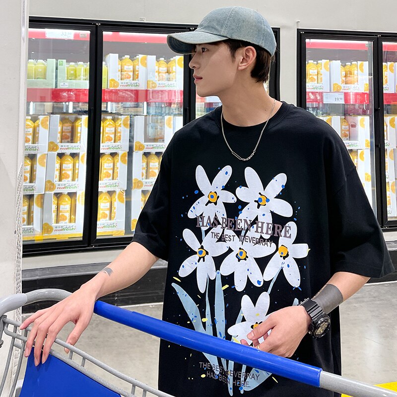 Bonsir Letter Flowers Print Summer Men Clothing Fashion Casual Harajuku Short Sleeve Tshirt XL 2XL Oversized Teenagers Streetwear