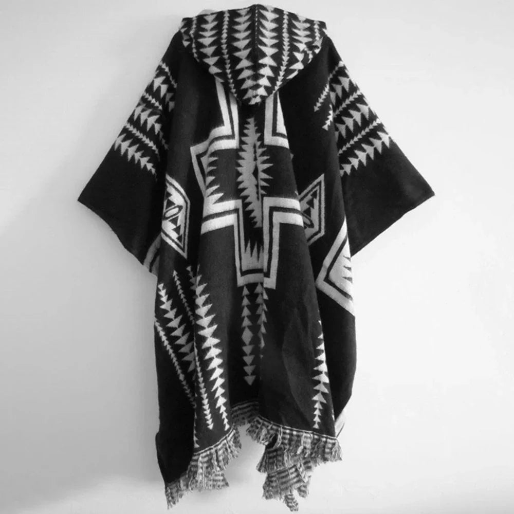 sanyamk Autumn Mens New Fashion Casual Knitted Tassel Hooded Cloak Retro Ethnic Totem Loose Unisex Sweater Cloak