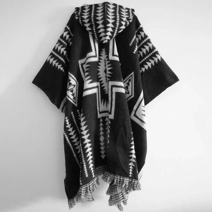 sanyamk Autumn Mens New Fashion Casual Knitted Tassel Hooded Cloak Retro Ethnic Totem Loose Unisex Sweater Cloak