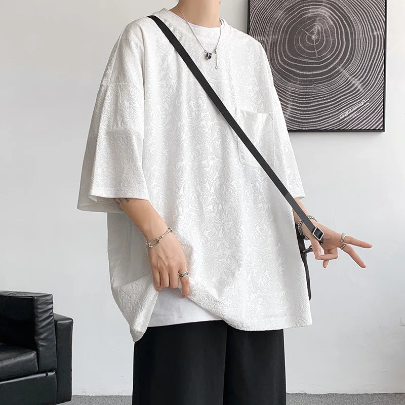 Bonsir Men Oversized Streetwear T Shirts Women 2024 Jacquard Design Summer Mens Fashions Harajuku T-Shirt Male Vintage Tees Female