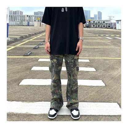 Bonsir Men's Streetwear Camouflage Printing Casual Pants Washed Hiphop Style Trousers Slim Fit Green Color Sweatpants Size S-4XL