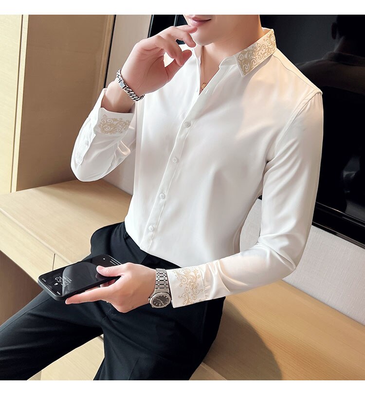 Bonsir Fall Black Gold Court Embroidery Pattern Shirt For Men Long Sleeve Court Casual Business Dress Shirt Social Party Camisa Hombre