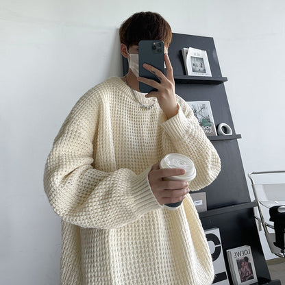 sanyamk Men's Waffle Sweaters Round Neck Solid Color Korean Style Hip Hop Male Knitted Pullovers Loose Casual Winter Knitwear