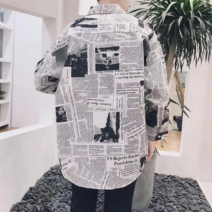 sanyamk Newspaper Shirts Men Retro Nostalgic Streetwear American Style Pocket Long Sleeve Turn-down Collar Spring Summer Breathable Tops