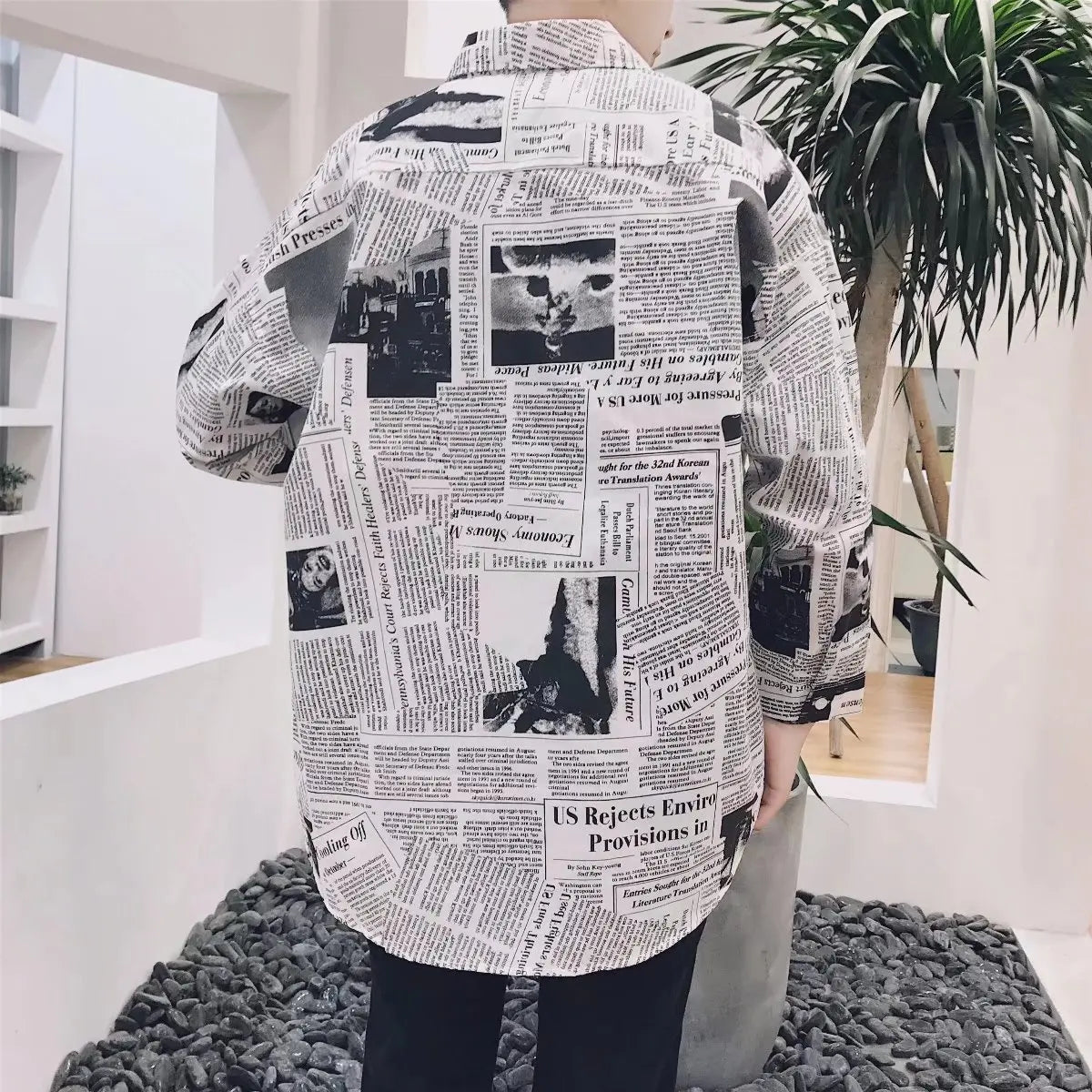 Bonsir Newspaper Shirts Men Retro Nostalgic Streetwear American Style Pocket Long Sleeve Turn-down Collar Spring Summer Breathable Tops