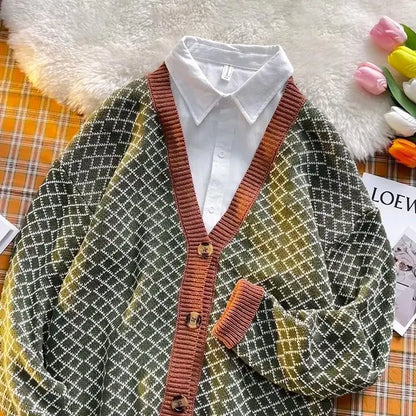 Bonsir Plaid Cardigans Men Popular High Street Leisure Korean Style V-neck All-match Daily Spring Autumn Male Knitwear Prevalent Chic