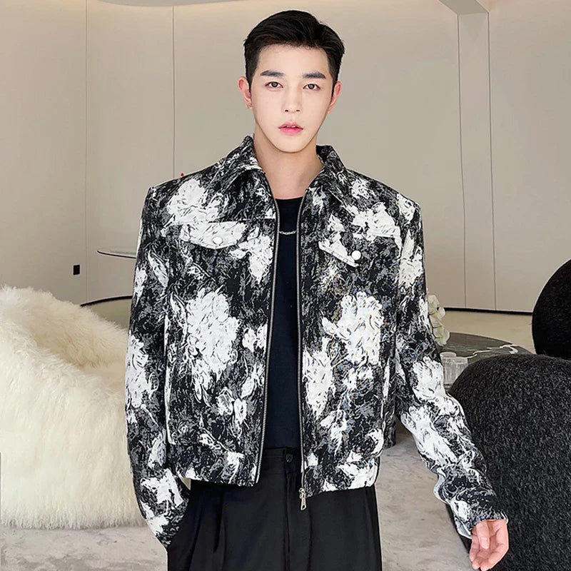 sanyamk Fashion Lapel Printed Elegant Casual Short Jacket Men's 2024 Spring Trendy High Quality Street Korean Luxury Coat