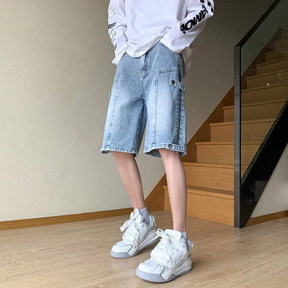 sanyamk Summer High Street Vibe Jeans Fashion Retro Street Stitching Zipper Denim Shorts Street Hip-hop Men Straight Wear White Pants