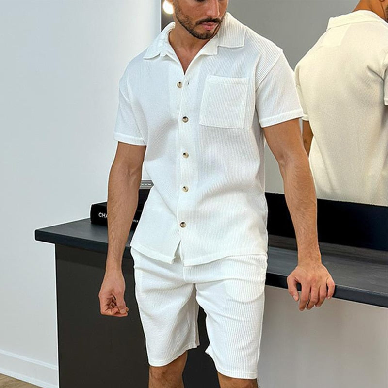 sanyamk Pure Color Two Piece Mens 2023 Summer New Streetwear Sets Short Sleeve Lapel Buttoned Shirt And Casual Shorts Suits Men Clothing