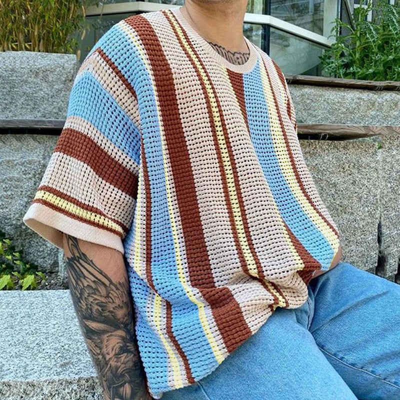 sanyamk  - Casual Breathable Hollow Out Knit T-shirts Men Summer Fashion Short Sleeve O-Neck Jumper Top Mens Vintage Stripe Knitted T Shirt