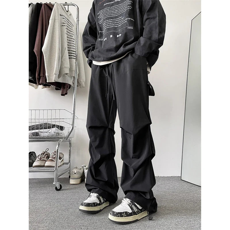 Bonsir Plus Size 5XL-M High Street Pleated Overalls Men's Fashion Loose Straight Casual Pants Male Solid Color Trousers Spring New