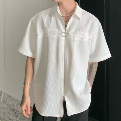 sanyamk  Short Sleeve Shirt Mens Temperament Casual Top Tees New Summer Loose Textured Y2K Shirts Solid Male Tops  Neutral Camisetas