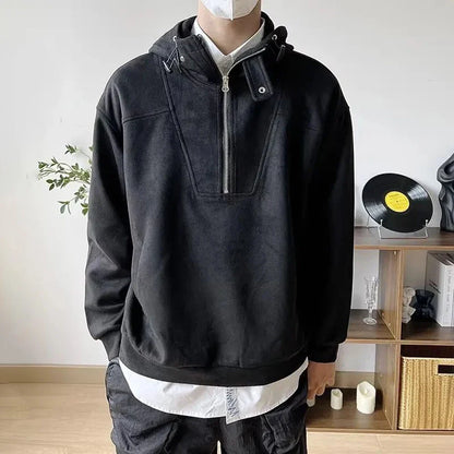 sanyamk Mens American High Street Half-Zip Couple Hoodie Autumn Winter Genderless Trendy Solid Color High Collar Hooded Jacket Unisex