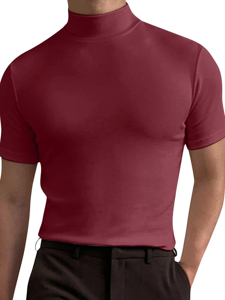 sanyamk Spring And Summer Turtleneck Male Tees Streetwear Solid Short Sleeve Pullovers Tops Casual Basic Slim Men T-Shirts 2023 Clothes