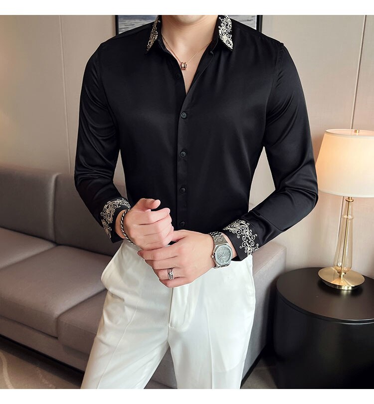 Bonsir Fall Black Gold Court Embroidery Pattern Shirt For Men Long Sleeve Court Casual Business Dress Shirt Social Party Camisa Hombre