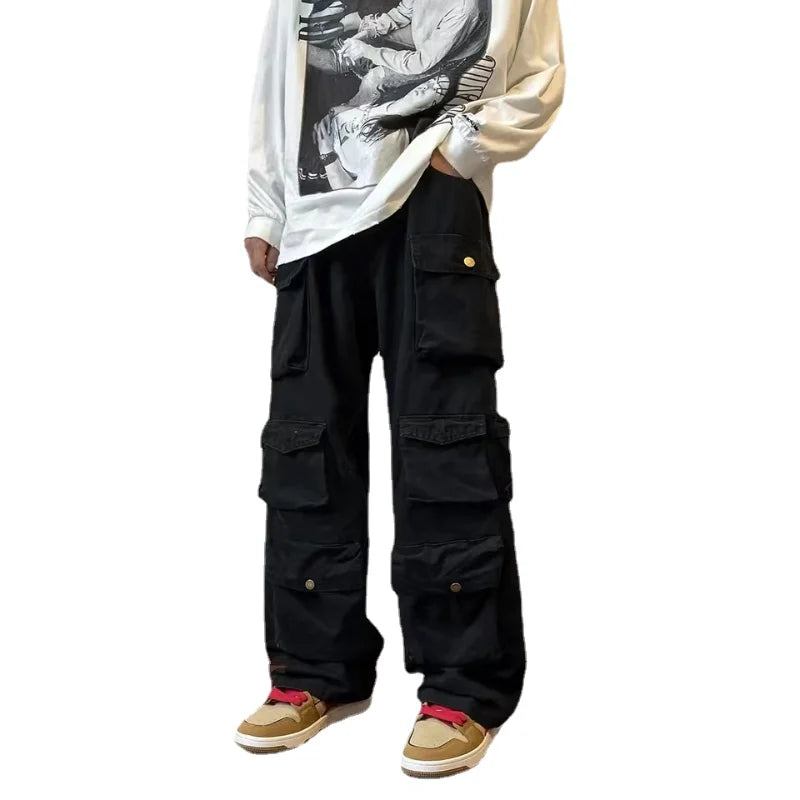 sanyamk Y2k  Hip-hop Cargo Pants Multi-pockets Tooling Pant Harajuku Men's Vintage Loose Wide Leg Pants Streetwear Casual Trousers