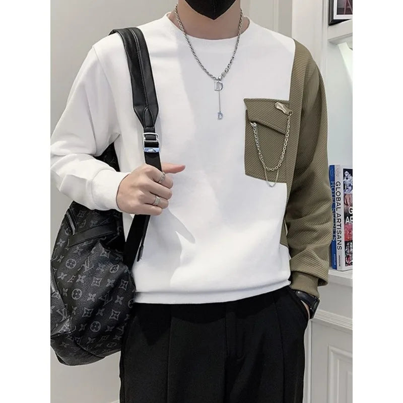 Bonsir Men Trendy Patchwork Chain Pocket Design High Street Sweatshirt Autumn Korean O Neck Long Sleeve Loose Pullover Tops Ropa Hombre