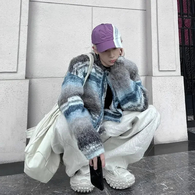 sanyamk Cardigan Sweater Men Blue Halo Dyed Spring and Autumn Lazy Style American Fashion Versatile Striped Knit Jacket New Man Clothes