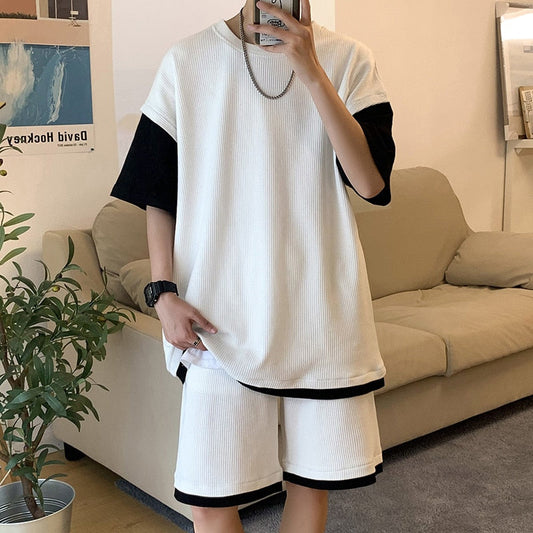 sanyamk Summer Fashion Patchwork Color Fake-2Pieces Sport Men's Sets Simple Loose Casual Tee Shirt+Shorts Homme 5XL-M White/Black/Gray