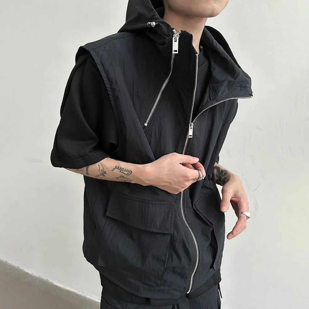 sanyamk Men Cargo Hooded Vest Summer Zipper Sleeveless Tops Male Korean Streetwear Hip Hop Unisex Hoodie Coat Fashion Waistcoat Jacket