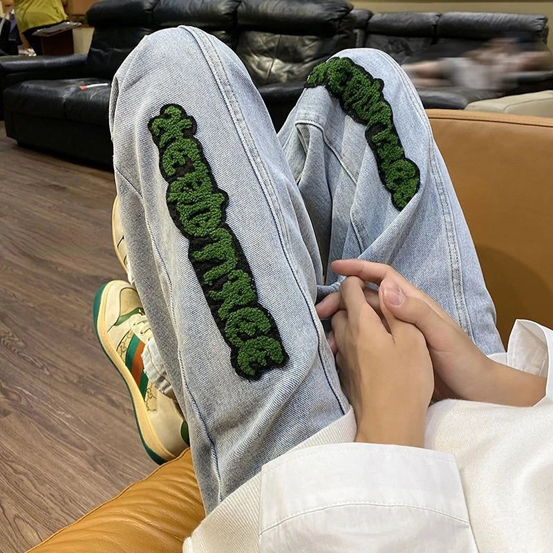 sanyamk Jeans for Men With Print Straight Trousers Grunge Y2k Graphic Baggy Low Rise Stretch 2024 Trend 90s Streetwear Mens Cowboy Pants