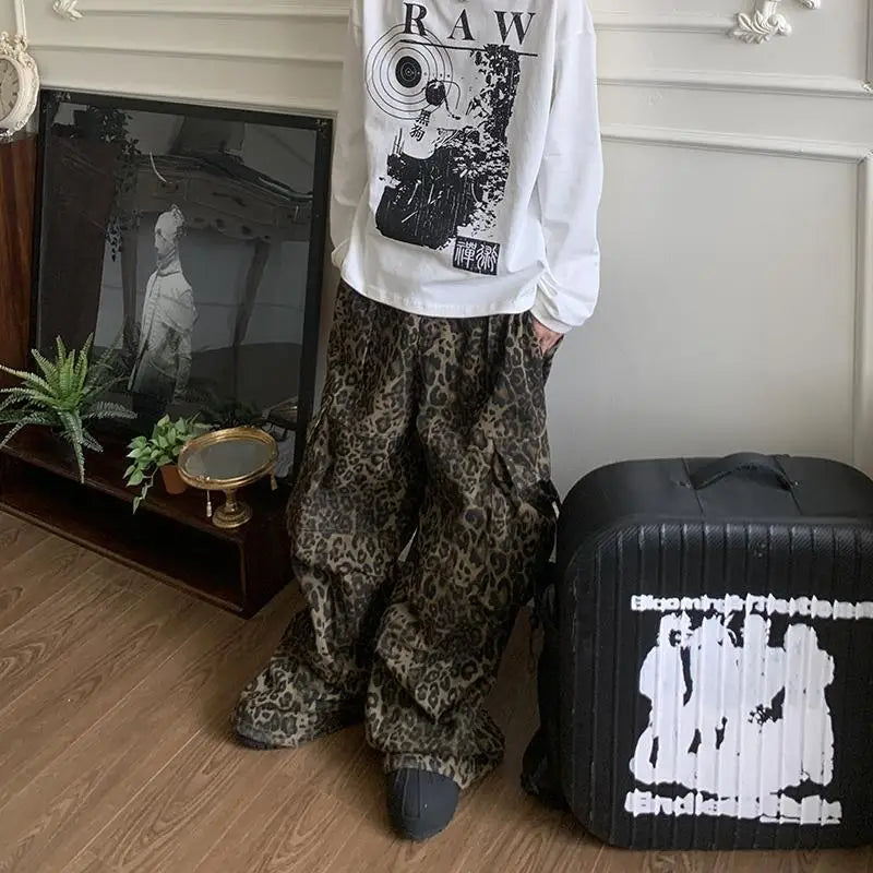 sanyamk Leopard Cargo Pants Men Y2K Parachute Oversize Wide Leg Trousers Male Streetwear Hip Hop Harajuku Animal Print