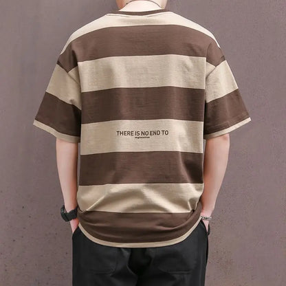 sanyamk Summer New Men's Pullovers Crew Neck Contrast Color Casual Fashion Loose All-match Young Style Short Sleeve Striped T-shirt Tops