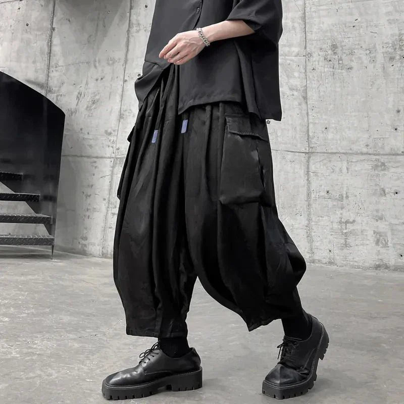 Bonsir Mens Casual Big Pocket Cargo Pants Genderless 2024 New Fashion Sports Dark Style Drawstring Loose Simple Streetwear Unisex