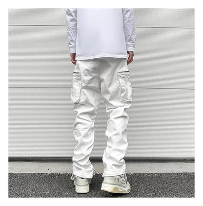 sanyamk Streetwear Retro White Black Pleated Tapered Jeans Side Pockets Zipper Hem Casual Jeans Baggy Men's Fashion Straight Denim Pants