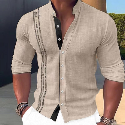 sanyamk Cotton Linen Shirts Men Fall Vintage Patchwork Button-up Stand Collar Shirt Casual Loose Long Sleeve Men's Beach Shirt Oversized