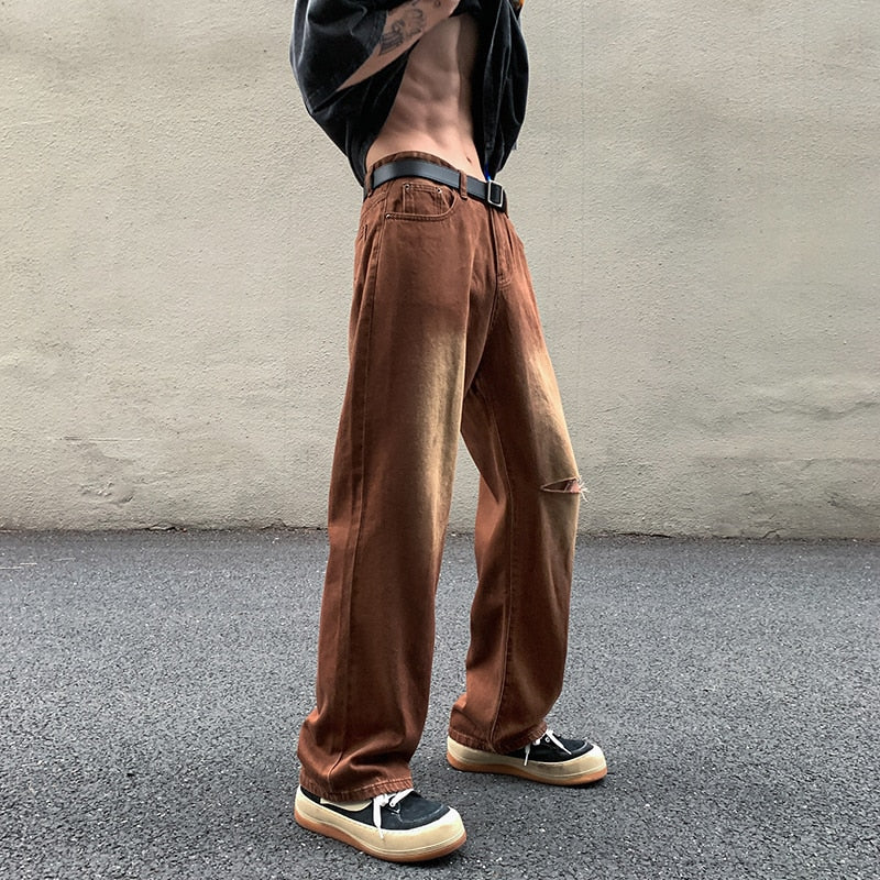 sanyamk Hole Brown Jeans Men Fashion Retro Ripped Baggy Jeans Men Streetwear Loose Hip Hop Straight Denim Pants Mens Trousers M-2XL