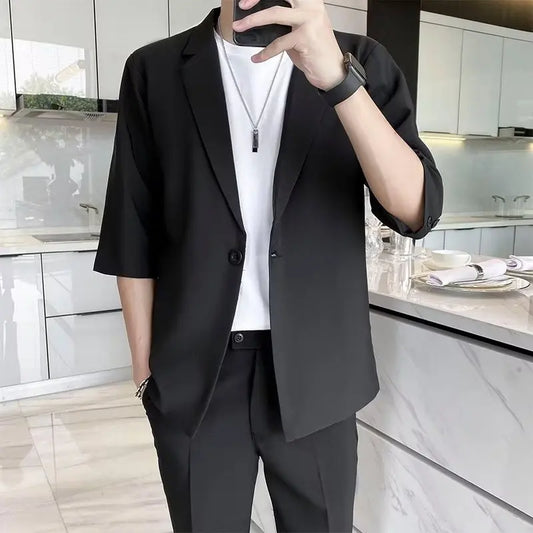 sanyamk Summer Short Sleeved Blazer Men Fashion Social Mens Dress Jacket Korean Loose Casual Suit Jacket Mens Office Formal Blazer M-3XL