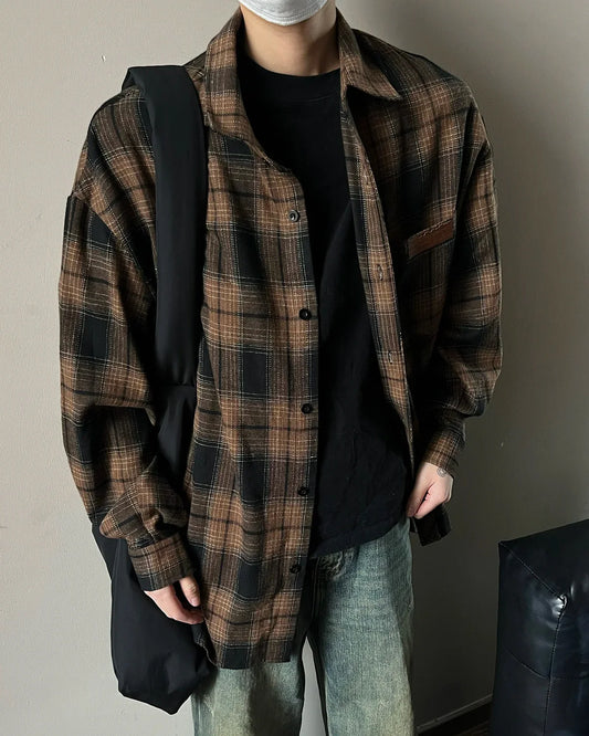 sanyamk Autumn Long Sleeved Shirt Men Fashion Retro Casual Shirt Men Streetwear Korean Loose Plaid Shirt Mens Vintage Shirts Large Size