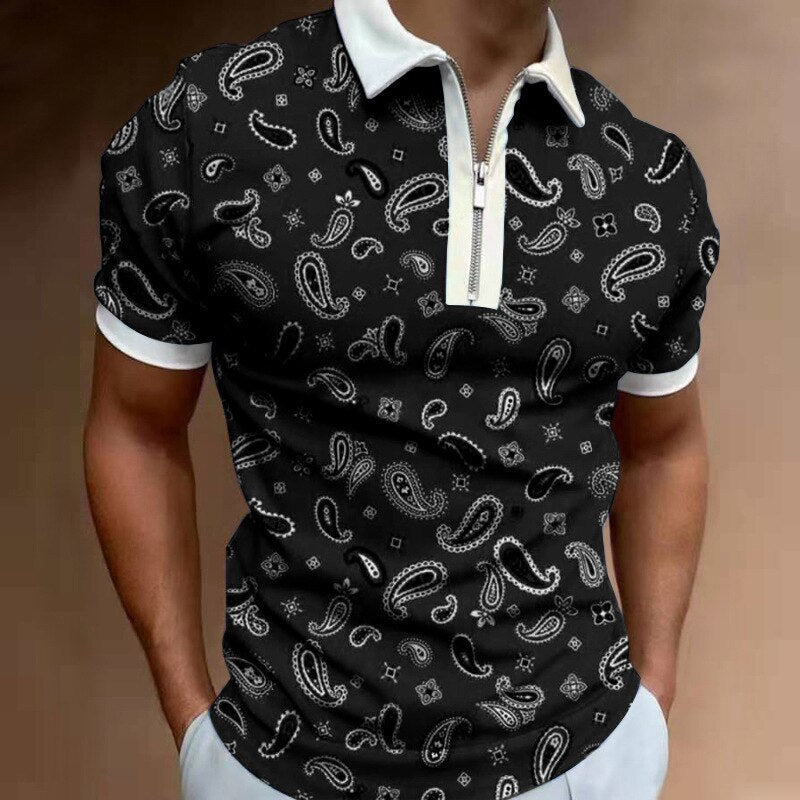 sanyamk Summer New Short Sleeve Printed Slim Fit Zip Lapel Men's Polo Shirt