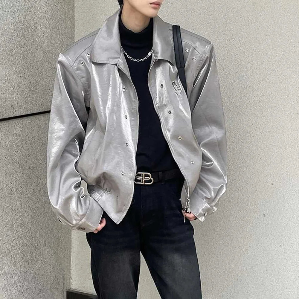 sanyamk Autumn Mens Wear Y2k Leather Glossy Design Niche Shoulder Pad Lapel Jacket Men'S Casual Loose High Street Short Jacket