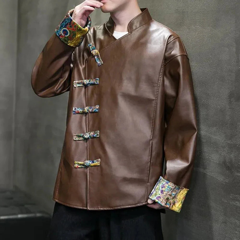 sanyamk Mens Chinese Style Loose Casual Leather Jacket Autumn Winter Genderless Fashion Retro Splicing Cheongsam Button Leather Jacket