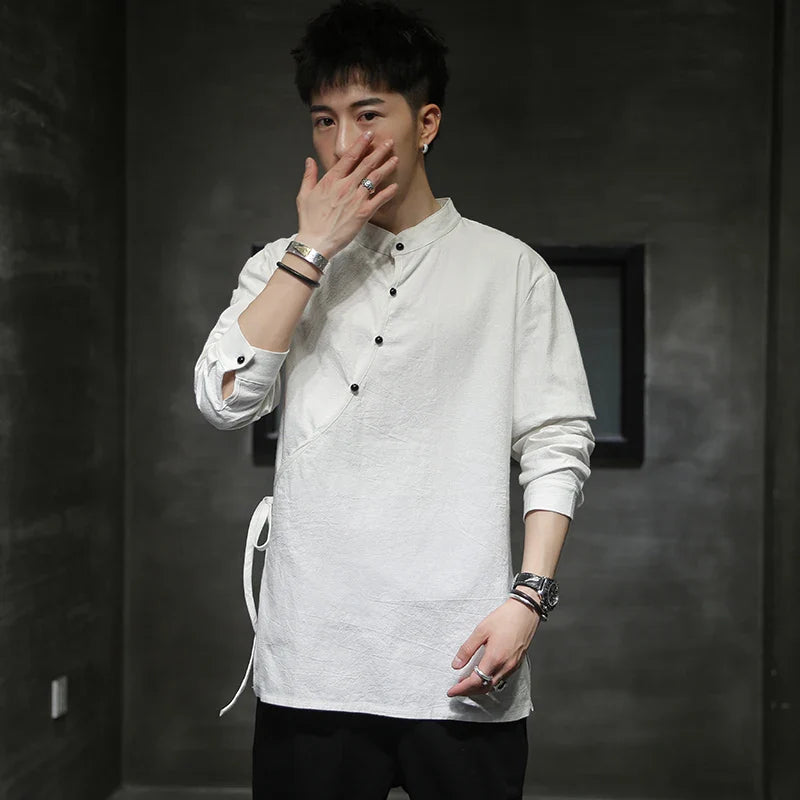 sanyamk Mens Chinese Style Hemp Shirt Cotton Linen Tang Suit Hanfu Retro Stand-Up Collar Zen Clothes Harajuku tops Clothes Men Clothing