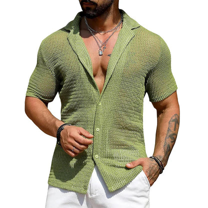 sanyamk Sexy Hollow Out Breathable Knitted Shirt Men Summer Beach See Through Casual Shirts Mens Short Sleeve Button Solid Color Shirts