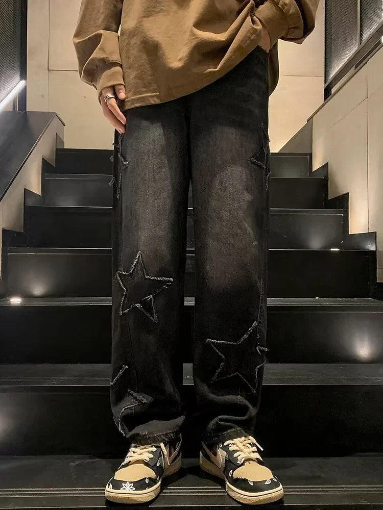 sanyamk Y2K Star Embroidery Casual Men Jeans Gothic Neutral Wide Leg Denim Trousers Male Loose Hip-hop Fashion Youth Streetwear