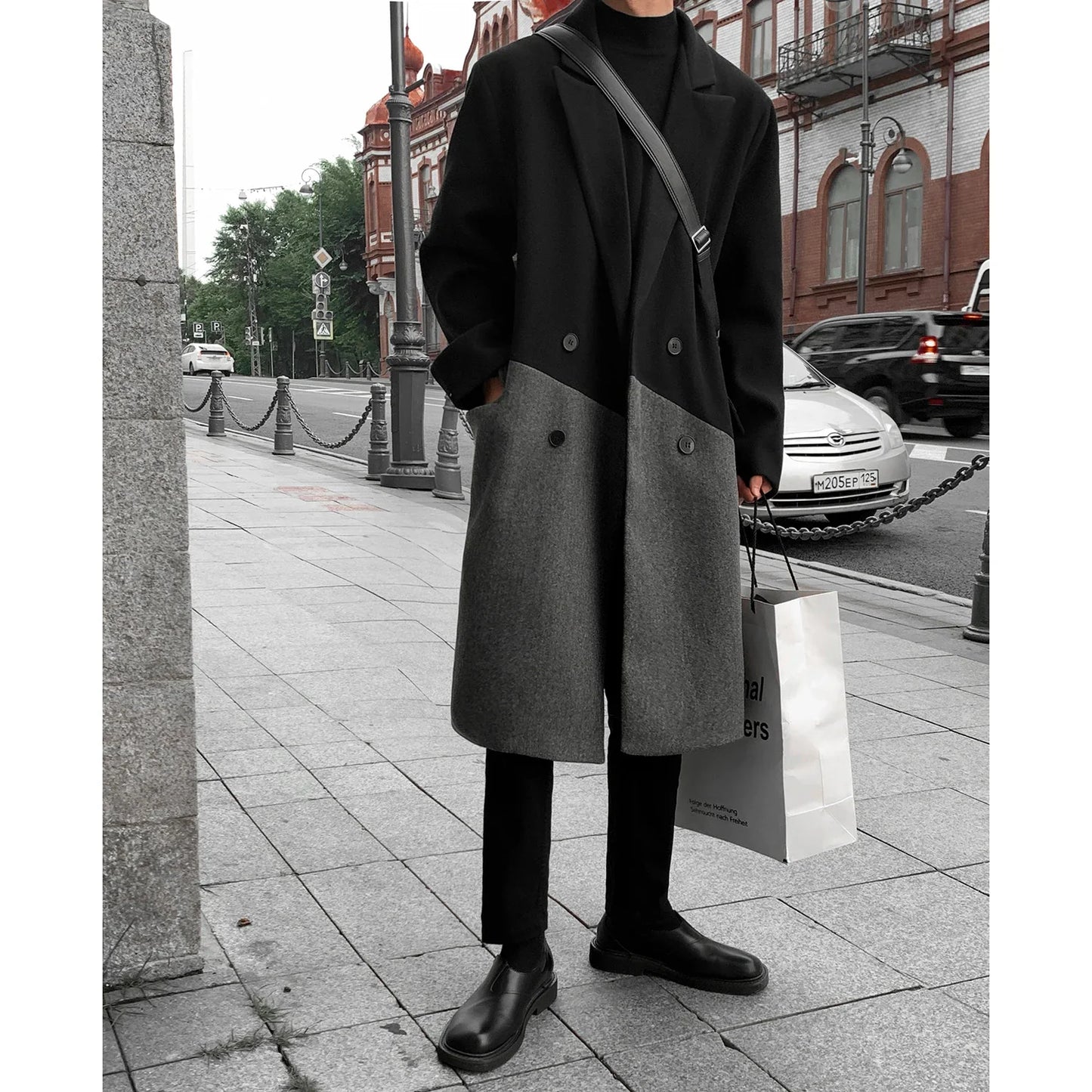 sanyamk Autumn Winter Korean Long Woolen Trench Coat Men Fashion Black Gray Contrast Color Patchwork Windbreaker Overcoat