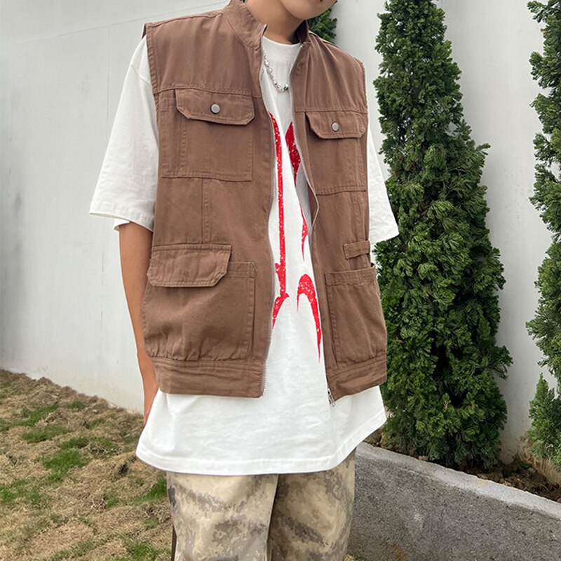 sanyamk Retro Multi-pockets Streetwear Oversized Sleeveless Jackets Mens and Womens Solid Color Harajuku Hip Hop Loose Vest