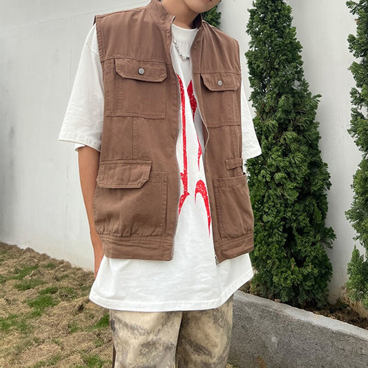 sanyamk Retro Multi-pockets Streetwear Oversized Sleeveless Jackets Mens and Womens Solid Color Harajuku Hip Hop Loose Vest