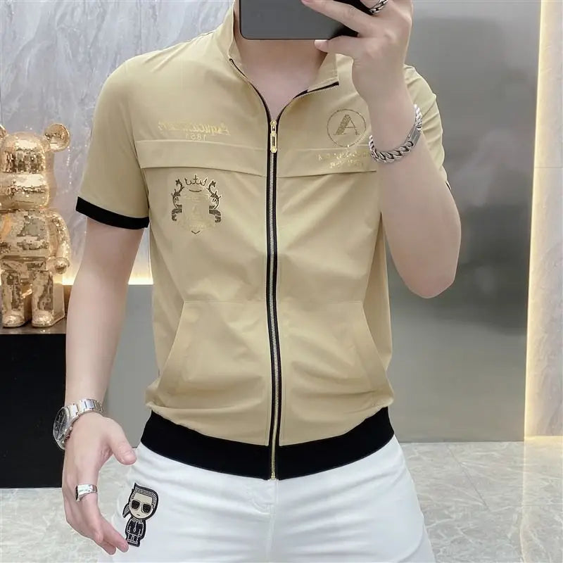 sanyamk Men's Clothing New Stand Collar Loose Casual Temperament Solid Short Sleeve Premium Spring Summer Thin Fashionable Zipper Shirts