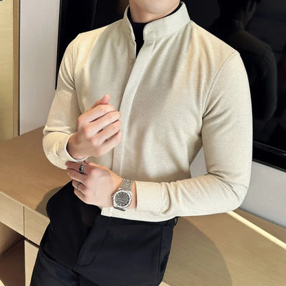 Bonsir Autumn Winter Two Fake Woolen Shirts for Men Fashion Stand Collar Casual Business Dress Shirts Social Party Tuxedo Blouse