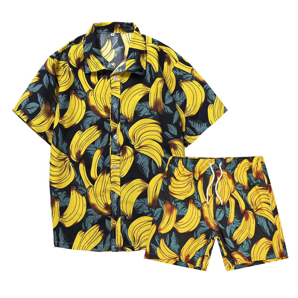 sanyamk Summer Men's Beach Casual Short Sleeve Shorts Set Fashionable Banana Print Hawaiian Vacation Lapel Floral Shirt Two-Piece Set