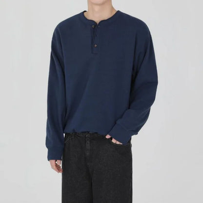 sanyamk  -  Niche Style Men's T-shirts Round Collar Button Loose Solid Color Pullover Male Casual Tops New Simple Autumn 2024 9C6618