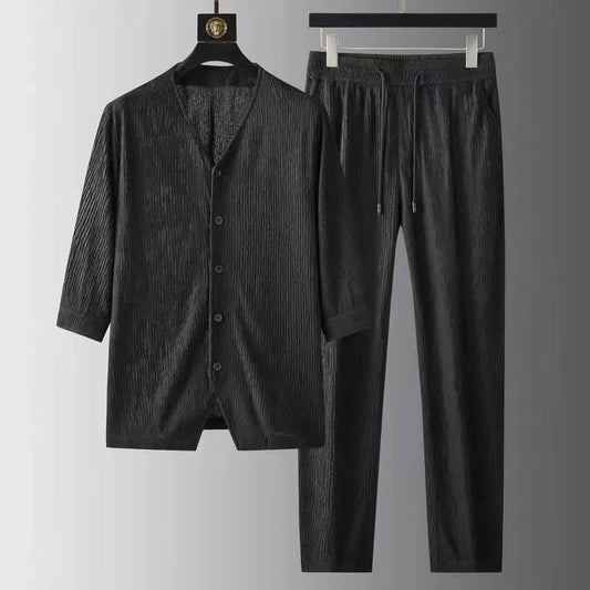 Bonsir Spring Summer New Half Sleeve Shirt And Trousers Men Two Piece Set Fashion Linent Suit Male Casual Solid Vintage Breathe Suit