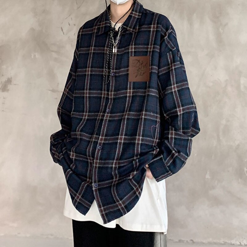 sanyamk Men's Vintage Plaid Blouses Turn-down Collar Dark Streetwear Spring New Male Shirts Long Sleeve Casual Unisex Tops