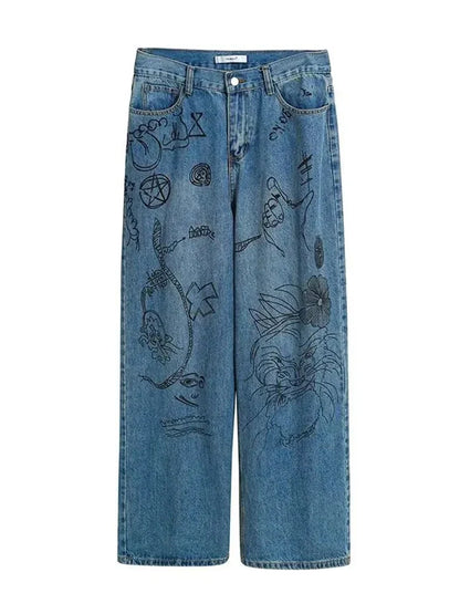 sanyamk Hip Hop Baggy Jeans Men Oversize Denim Pants Blue Jeans Printed Wide Leg Trousers Male Jeans Hippie Streetwear Casual