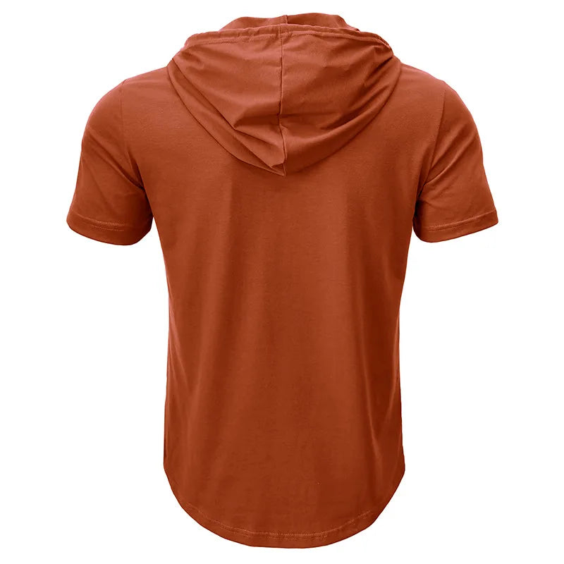 sanyamk  -  2024 Spring Summer Men Short Sleeve Hooded T-Shirt New Men Henry Collar Solid Color Casual Tops Tees Male Sportswear Tshirts